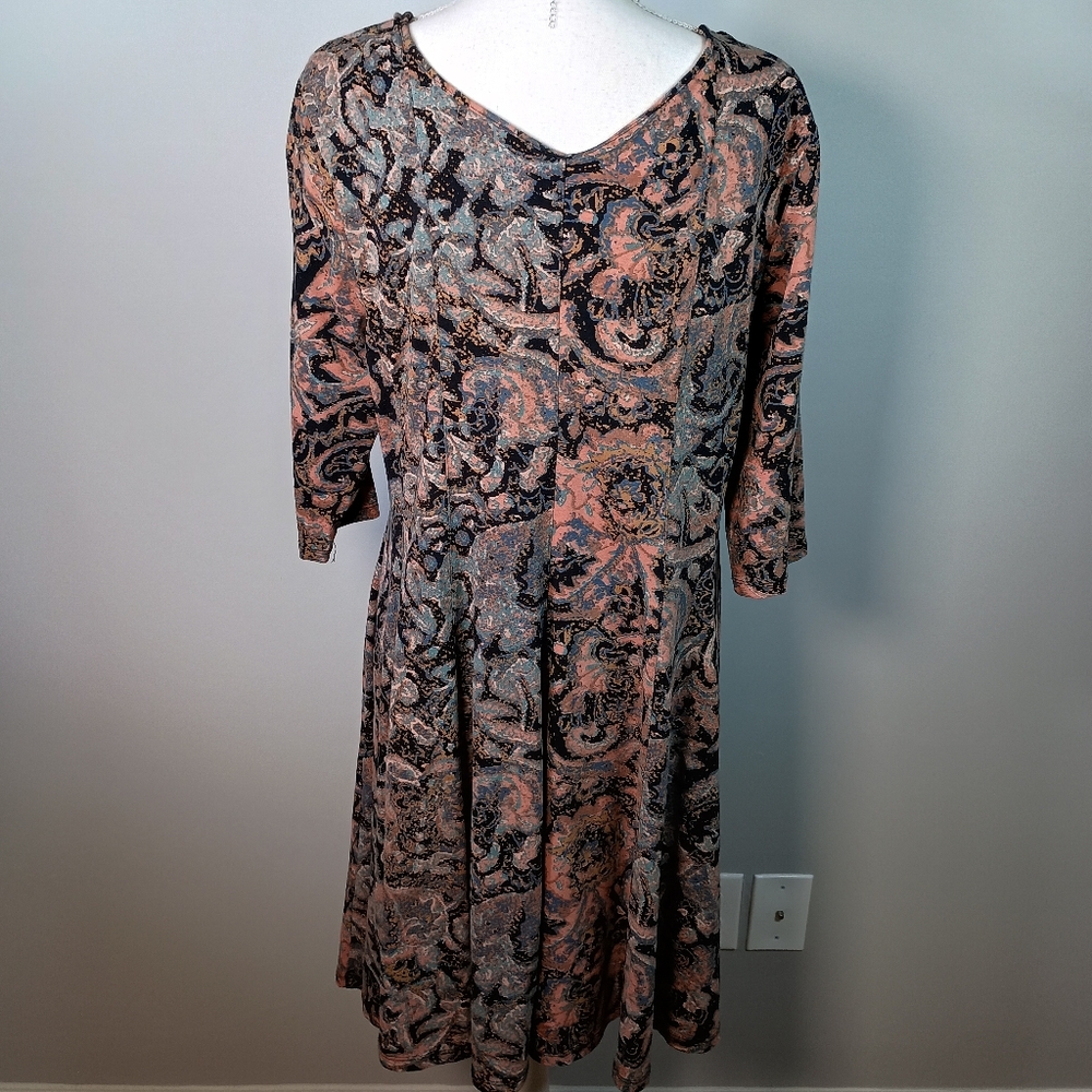Peruvian Connection XL Boho Paisley 3/4 Sleeve Fit & Flare V-Neck Midi Dress - Picture 4 of 5